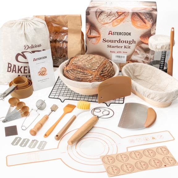 Astercook 56-Piece Sourdough Starter Kit, Sourdough Bread Baking Supplies with Round & Oval Banneton Bread Proofing Baskets, Bread Making Kit - Perfect Baking Gifts for Beginners & Home Bakers