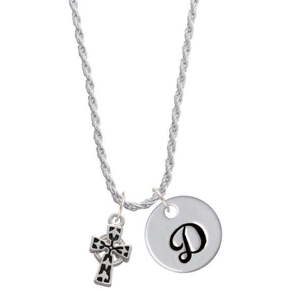 Delight Jewelry Silvertone Antiqued Celtic Cross Silvertone Script Initial Disc - D - Charm Necklace, 20"+3"