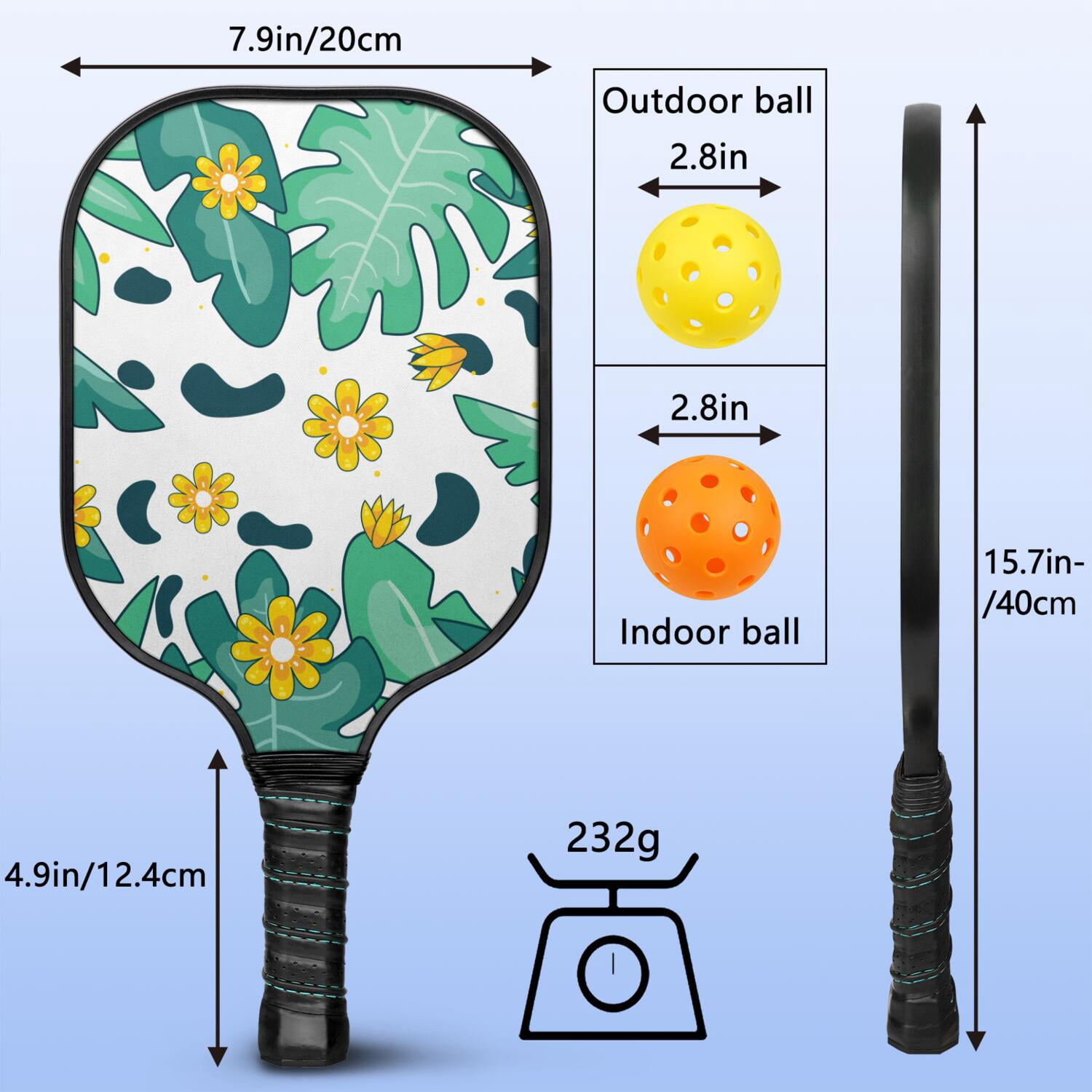 Pickleball Paddles Set Of 2, Fiberglass Surface, Tropical Jungle Print, 4 Balls & Bag
