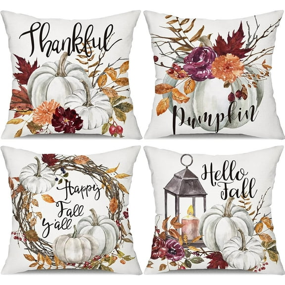 Fall Pillow Covers 18x18 Set of 4 Watercolor Fall Pumpkin Throw Pillow Covers Cotton Linen Autumn Harvest Farmhouse Decor Pillowcases Maple Case with Season Blessings