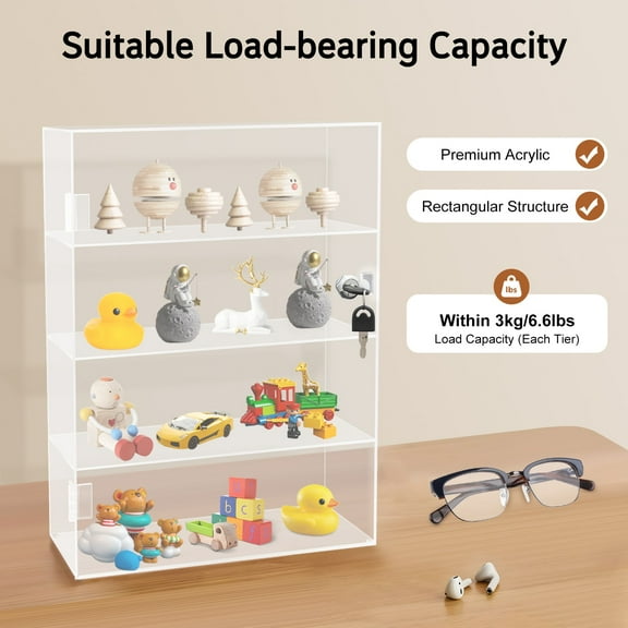 TFCFL 4 Tier Acrylic Display Case Countertop Clear Box Dustproof Shelves Showcase with Lock