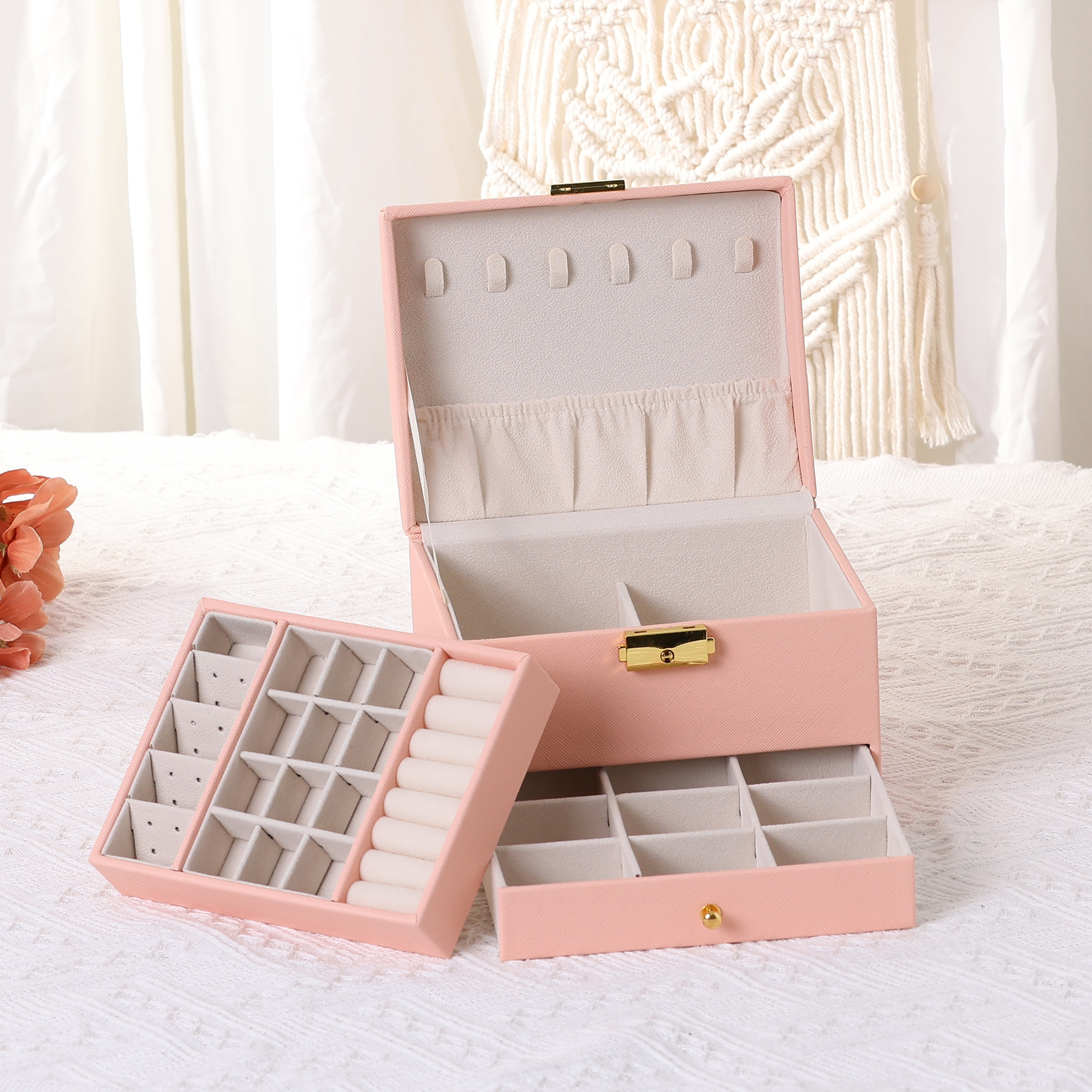 Unique Bargains 3 Layer Jewelry Box PU Leather Jewelry Organizer Case Storage Holder Pink