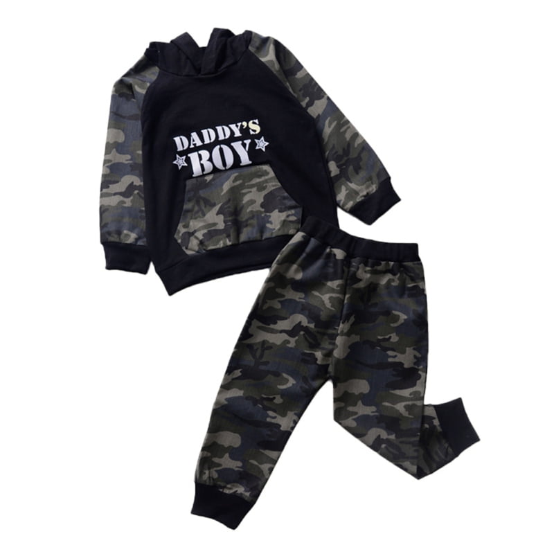 Clothing Set Black Hooded and Camouflage Trousers for Baby Toddler Boy Long Sleeve 