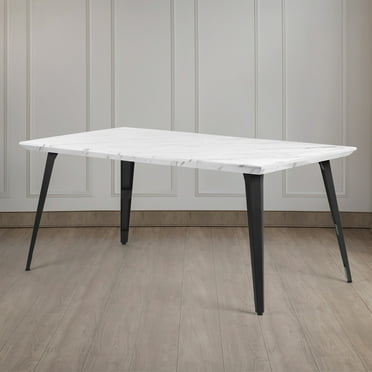Rectangular Dining Table for 4-6 with Wooden Table Top and Metal Steel Legs, White Marble