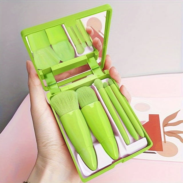 5Pcs Portable Makeup Brush Set With Mirror - Foldable Travel Kit ,Mini Makeup Brush Set Travel Makeup Brush Set,Green
