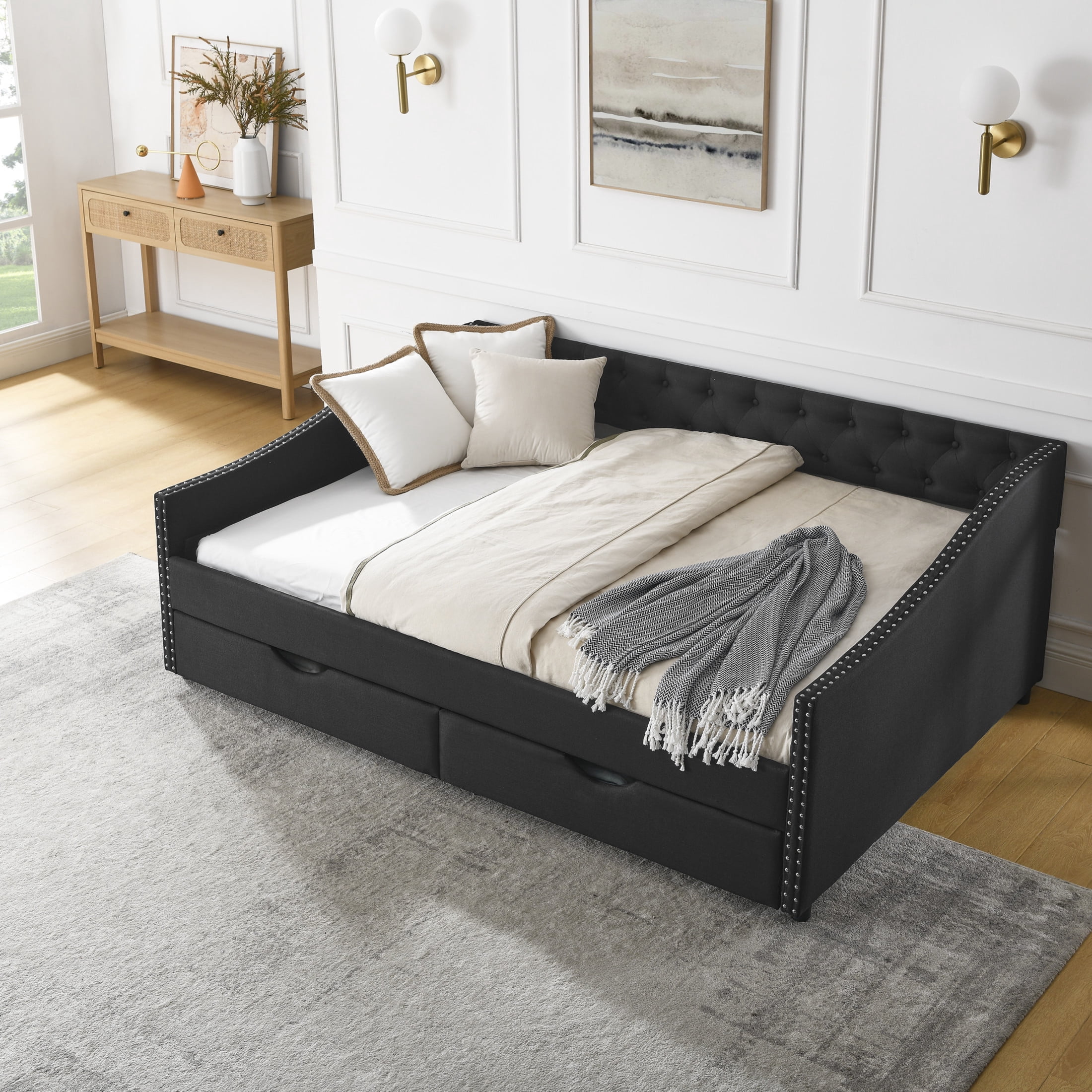 Noble House Brixo Full Size Daybed with Drawers, Linen Upholstered Tufted Sofa Bed with Nailhead Waved Arms, Black