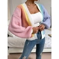 thumbnail image 4 of Women'S Color Block Open Front Long Sleeve Ribbed Knit Cropped Cardigan Sweaters Pink Blue L, 4 of 7