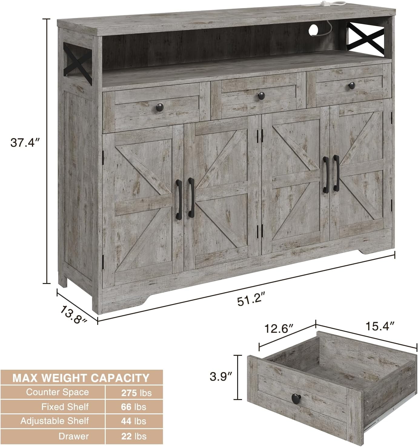 Veanerwood 52" L Farmhouse Buffet Cabinet with Drawers, Sideboard with Storage, Kitchen Pantry Cabinet Hutch for Kitchen, Dining Room, Livingroom, Grey