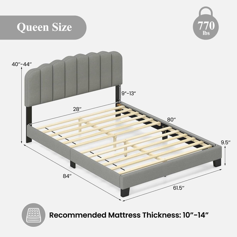 Barara King Queen Size Bedroom Bed Frame with Adjustable Scalloped Tufted Headboard, Bed Platform Frame for Apartment, Bedroom, Gray