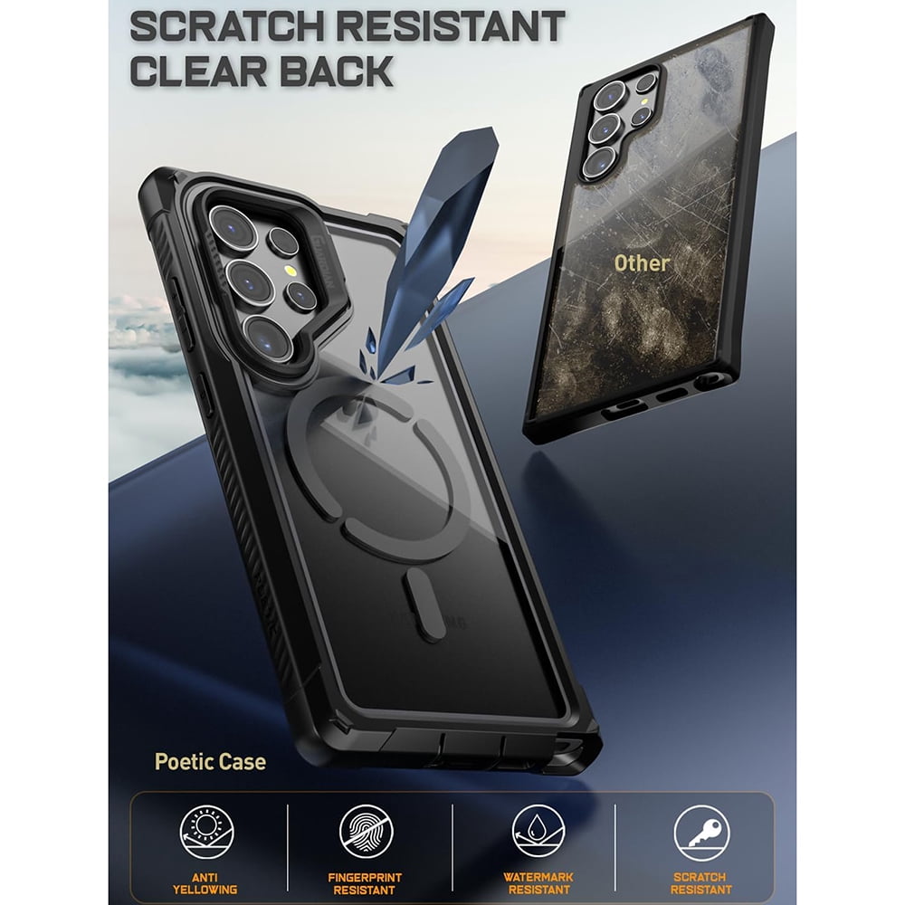 Poetic Guardian Case for Samsung Galaxy S24 Ultra 6.8", [Built-in Camera Stand] [Screen Protector Work with Fingerprint ID] Full Body Shockproof Protective Rugged Clear Cover, Black/Clear