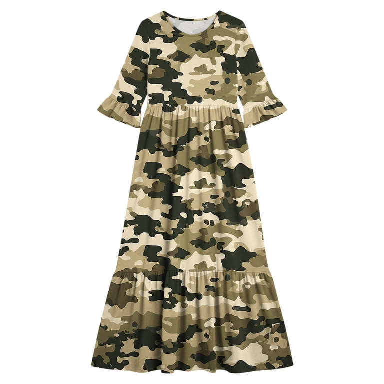 camo dress long sleeve AHTJRT Girls Camo Dress Crew Neck 3/4 Sleeve Maxi Dresses Summer Ruffle  A-Line Swing Long Dress Gray 7-8 Years