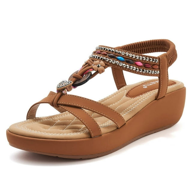 IUJSOY Sandales Compensées pour Femmes, Assise Plantaire Confortable, Bohèmes, à Perles, Slingback, Plateforme, Chaussures de Plage