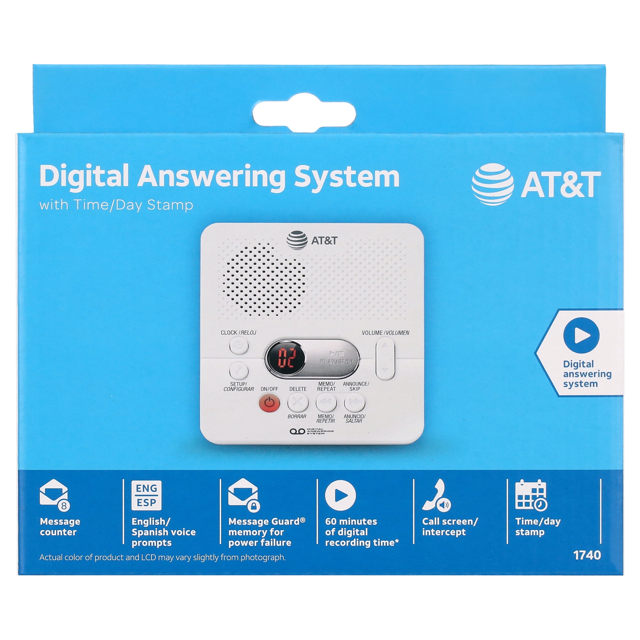 AT&T 1740 Digital Answering System, Single Unit, Tapeless 60 Min Record Time, Message Guard Memory, Audible Message Alert, Remote Access