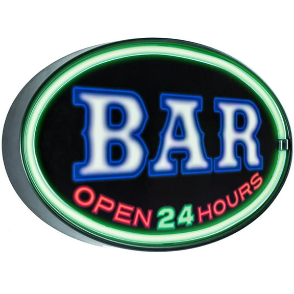 American Art Decor Bar Open 24 Hours Oval Shaped LED Light Up Sign Wall Decor for Man Cave Bar Garage