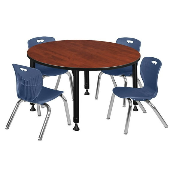 Regency 48 Round Adjustable Classroom Table- Cherry & 4 Andy 12 Stack Chairs- Blue
