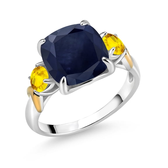Gem Stone King 925 Silver and 10K Yellow Gold Blue Sapphire and Yellow Sapphire 3 Stone Ring for Women (5.32 Cttw, Gemstone September Birthstone, Cushion 10MM, Round 4MM, Size 5)