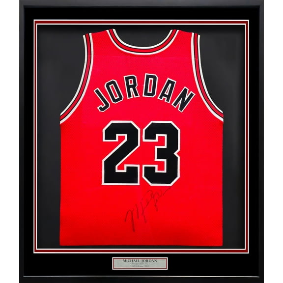 Chicago Bulls Michael Jordan Autographed Framed Red Auth Jersey Vintage Signature PSA/DNA & Beckett BAS #AE07407