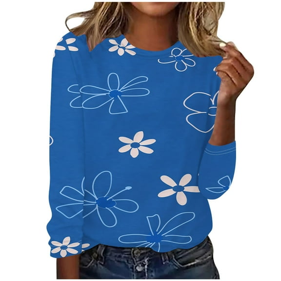 Darzheoy Womens Tops Trendy Floral Printed Long Sleeve Drop Shoulder Round Neck Sweatshirts Pullover Fall Winter Solid Color Graphic Casual Loose Blouses
