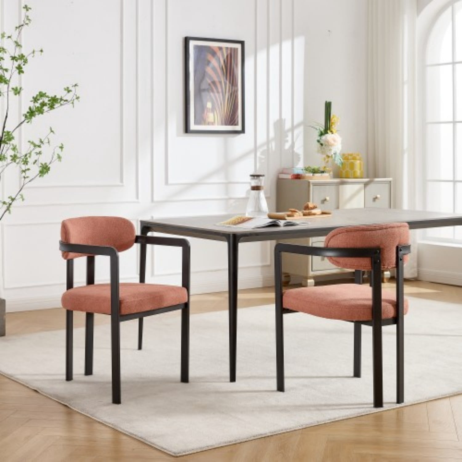 Modern Dining Room Chairs Set of 2 Mid Century Upholstered Boucle Dining Chairs with Curved Backrest Black Metal Legs Kitchen Side Chairs, Orange