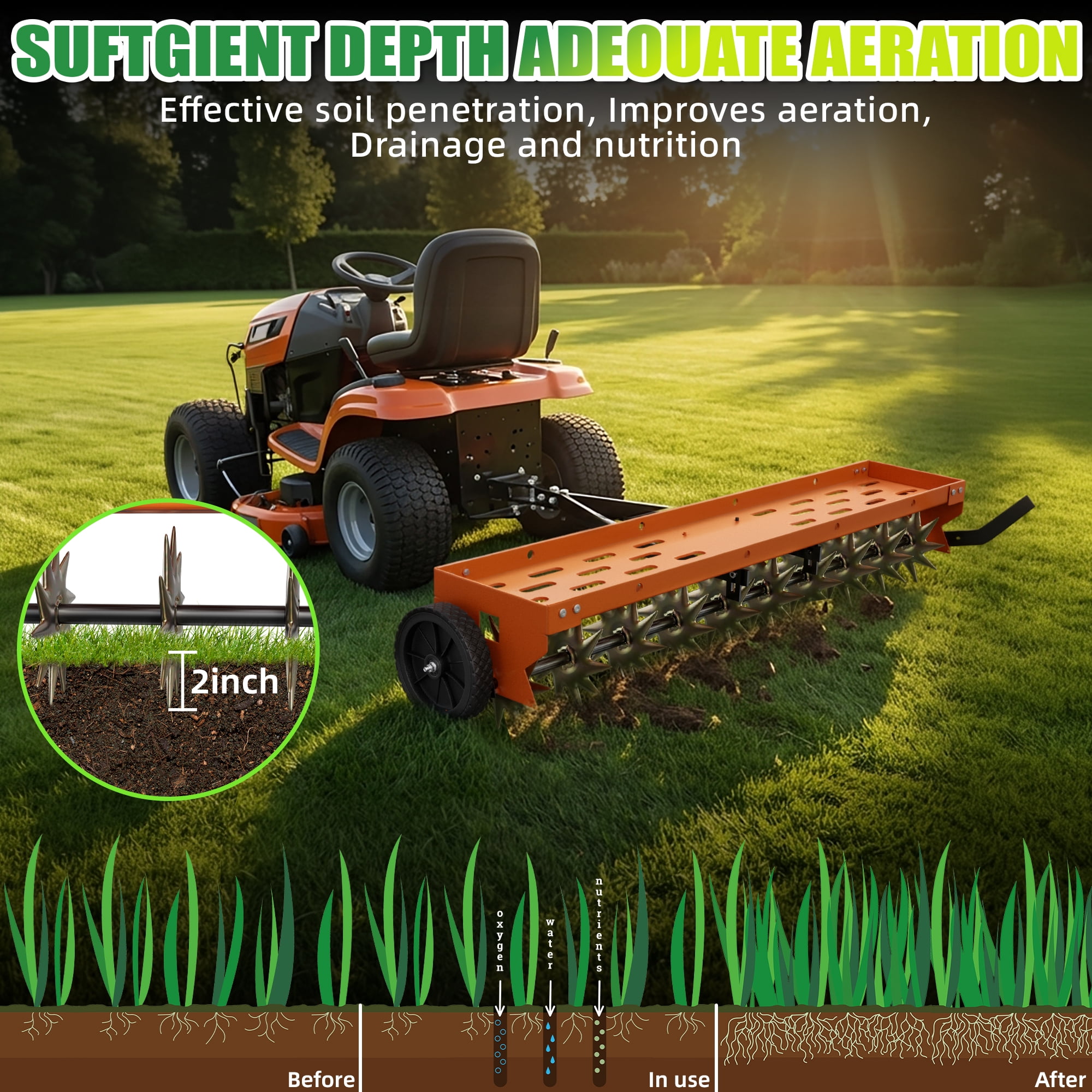 40" Spike Aerator Tow Behind Lawn Aerator Tow Behind w/Universal Hich for Garden,Orange