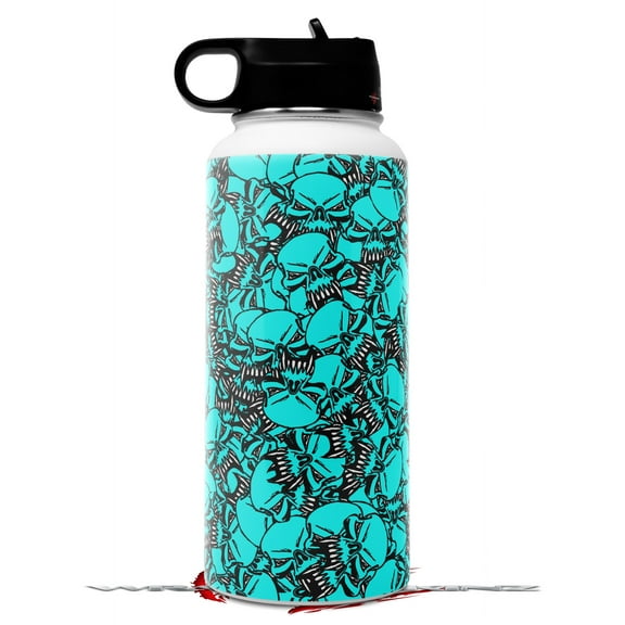 Skin Wrap Decal compatible with Hydro Flask Wide Mouth Bottle 32oz Scattered Skulls Neon Teal (BOTTLE NOT INCLUDED)