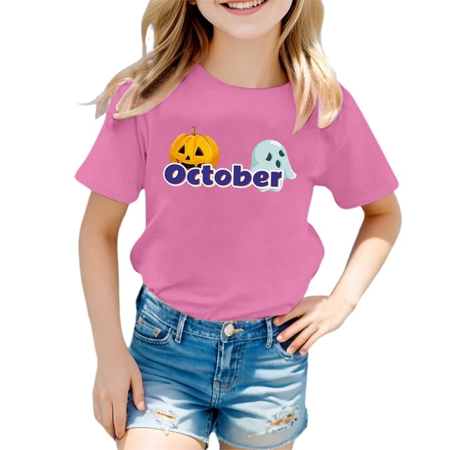 AQUARIVE T-Shirts pour Filles Enfants Mignons Manches Courtes Col Rond avec Mot Imprimé Été T-Shirts Décontractés Rose 6-7 T