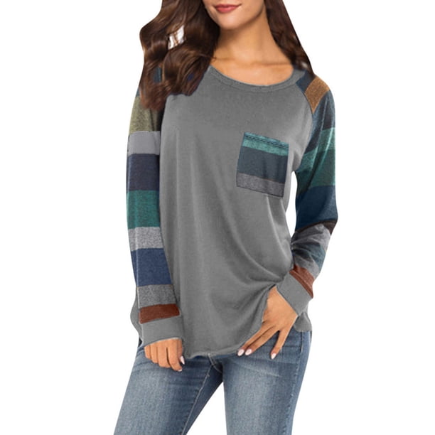 ICHUANYI Clearance Women Stripe Sleeve Patchwork Casual Top T-Shirt Loose Long Sleeve Top Blouse ICHUANYI "ICHUANYI"