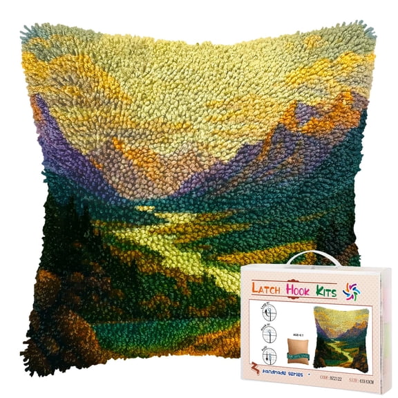 Natural Landscape River Mountain DIY Latch Hook Pillow Kits for Adults Printed Pillowcase Crochet Yarns Hooking Handmade Pillow Cover Cushion for Home Sofa Decoration 17x17inch