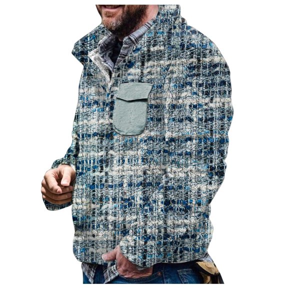 Men Sweatshirt Irregular Diamond Print Reversible Hoodless Long Sleeve Plush Top for Fall