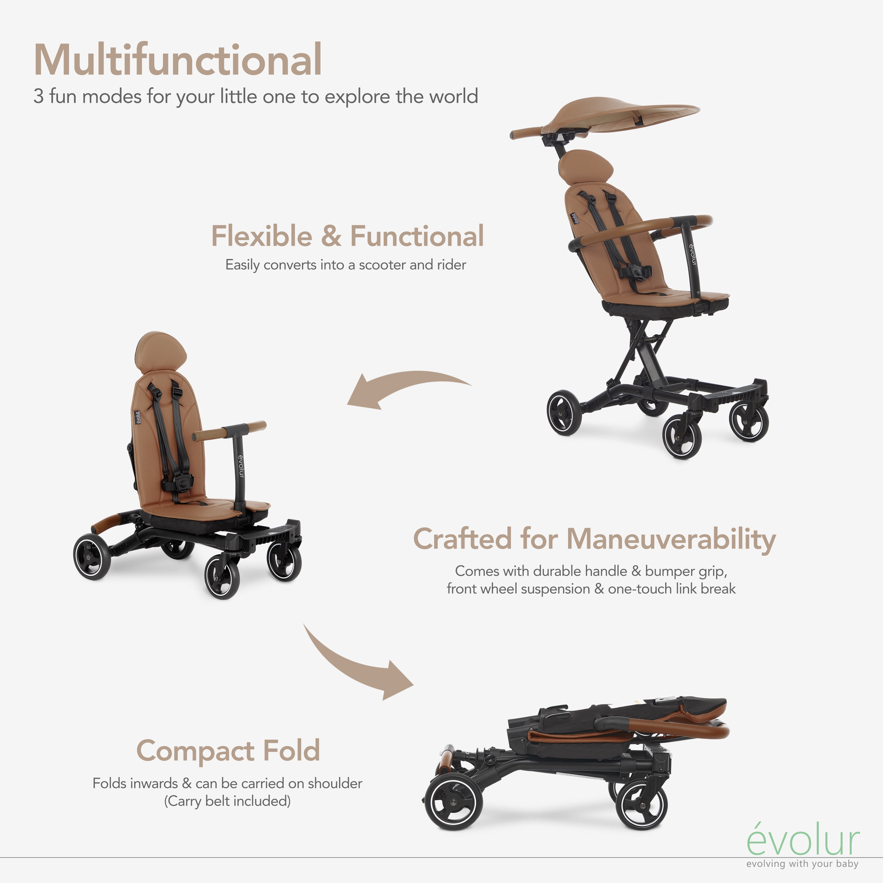Evolur Cruise Rider Stroller with Canopy, Easy to Carry Travel Stroller, Cognac