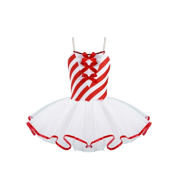 JanJean Girls Candy Cane Bowknot Mesh Ballet Tutu Dress Figure Ice Skating Leotard Dress Christmas Red 6
