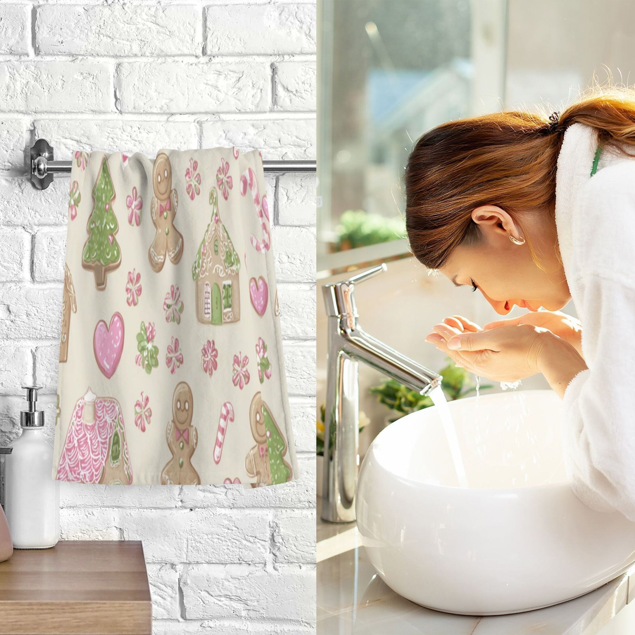 2 Pcs Hand Towels Sets Pink Cute Christmas Pattern Cotton Towel Set Absorbent Face Towel for Bathroom Kitchen Shower Hotel Decor