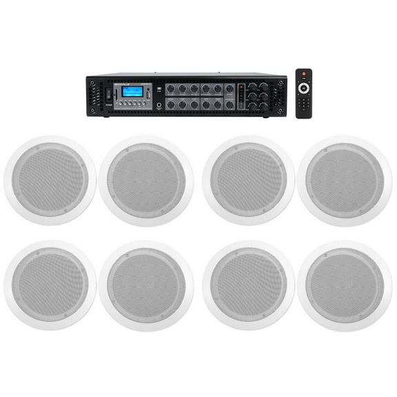 Rockville 6-Zone 70v Amplifier 8) 6.5" 2-Way White Ceiling Speakers 4 Restaurant
