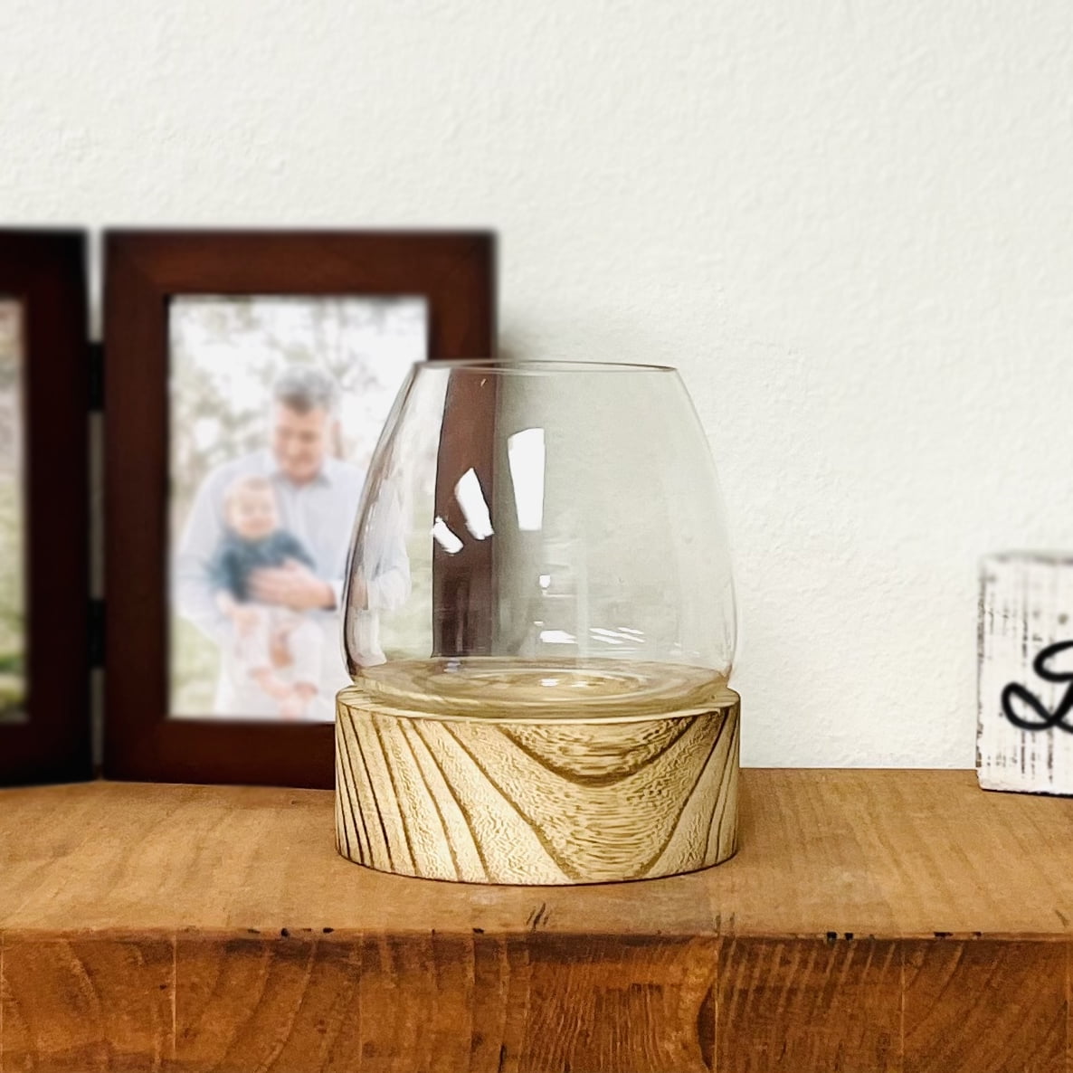Mainstays 5.9" H Shaped Glass Container with Brown Wood Base (5.5"H x 4.7"W x 4.7"D)