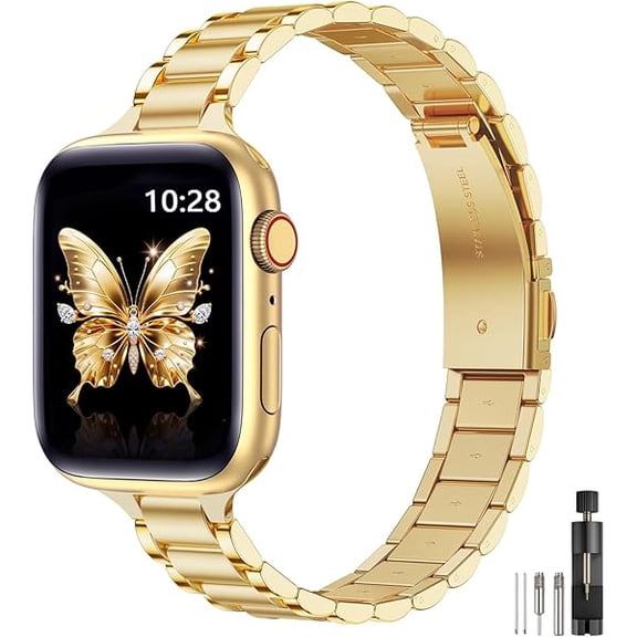 Thin Metal Bands Compatible with Apple Watch Band 42mm (Series 11 10) 41mm 40mm 38mm for Women, Slim Stainless Steel Wristbands for iWatch SE Series 9 8 7 6 5 4 3 2 1 (Gold)