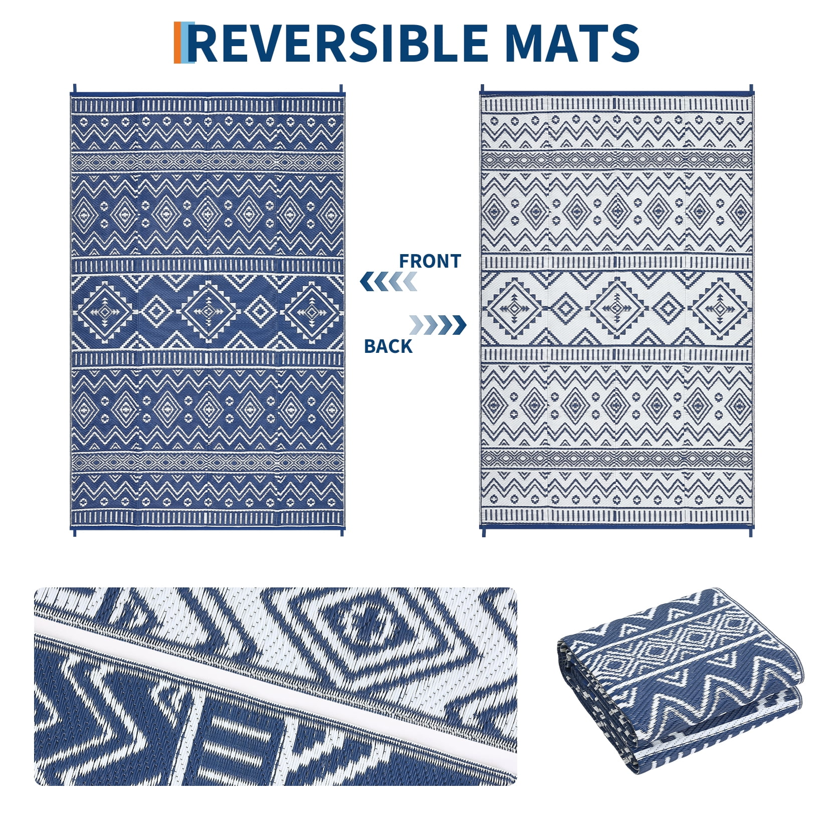 HIWEAVER 8' x 10' Navy/White Outdoor Rug PP Plastic Straw Woven Waterproof Patio Rug with Border Portable Outside Carpet for Balcony Deck Picnic Garden Decor