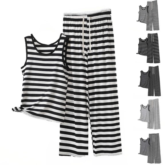 Miluxas Summer Women's Striped 2 Piece Outfit Sleeveless Tank Top & Drawstring Waist Wide Leg Pants Loungewear White