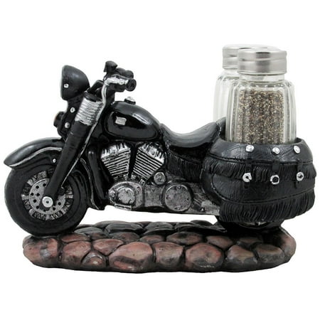 Decorative Black Motorcycle Salt and Pepper Shaker Set with Saddle Bags Holder in Classic Motor Bike or Road Hog Decor for Bikers by Home 'n