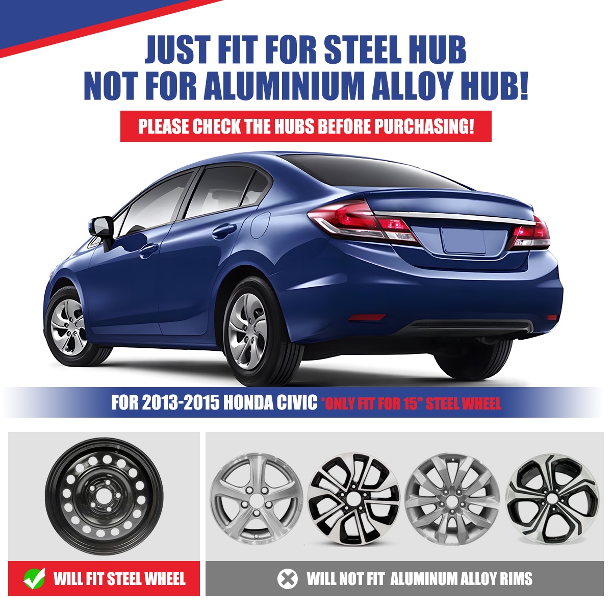 4Pcs/Set 15" Hubcaps Wheel Rims Cover for 2013-2015 Honda Civic Sedan,2013 Honda Civic Coupe,Compatible With Steel Wheels Bolt on Installation ABS+PC Material(Chrome)