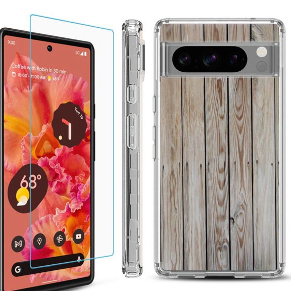 OneToughShield ® Compatible with Google Pixel 8 Pro, Shockproof Phone Case, with Tempered Glass Screen Protector - Wood Print