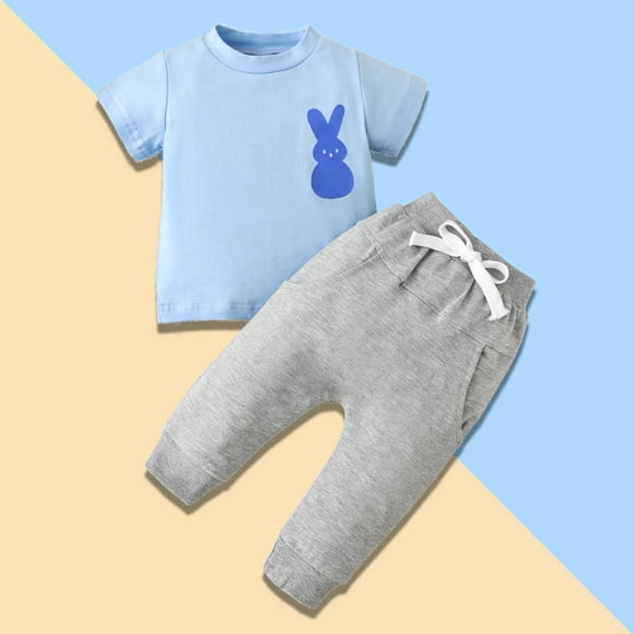 Toddler Girl Easter Outfit Bunny Printed Summer Short Sleeve T shirt Pants Set Newborn Infant Cute Clothes 18-24 Months