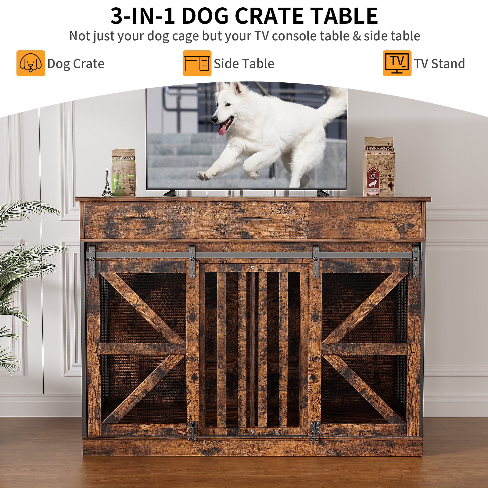 Casendy Dog Crate Furniture with Adjustable Divider for 2 Dogs, Heavy Duty Dog Kennels with 3 Drawers and Sliding Doors, Media Console Dog Cage for Living Room, Brown