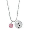 thumbnail image 1 of Delight Jewelry Silvertone Small Sparkle Pink AB Softball Silvertone Script Initial Disc - S - Charm Necklace, 20"+3", 1 of 4