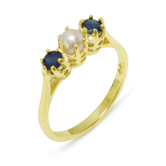 LBG British Made 14k Yellow Gold Cultured Pearl & Sapphire Womens Promise Ring - 33 size options - Size 10.75