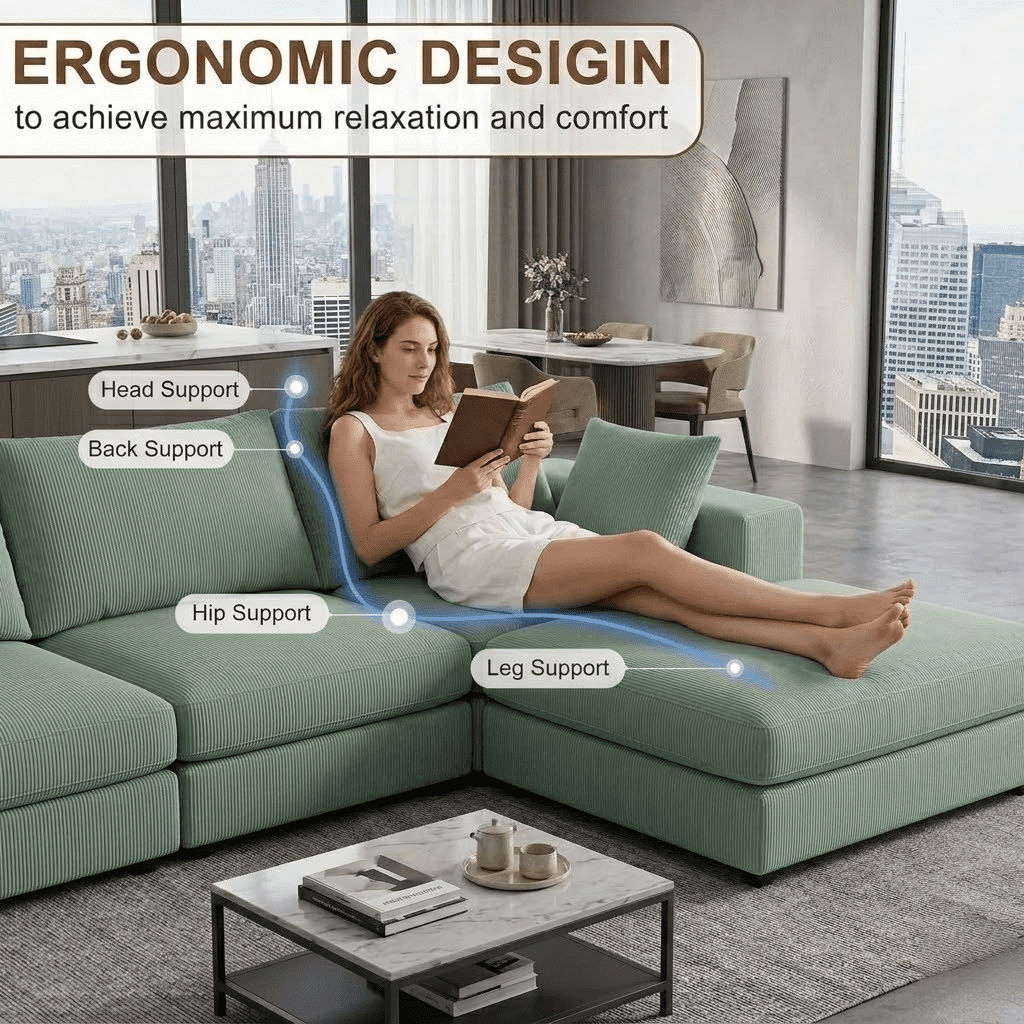 Howcool Cloud Couch Modular Sectional Sofa 6 Seat 134" U Shaped Convertible Couch Corduroy Thick Cushion with 2 Storage Ottomans and Toss Pillows Washable Removable Cover for Living Room,Dark Green