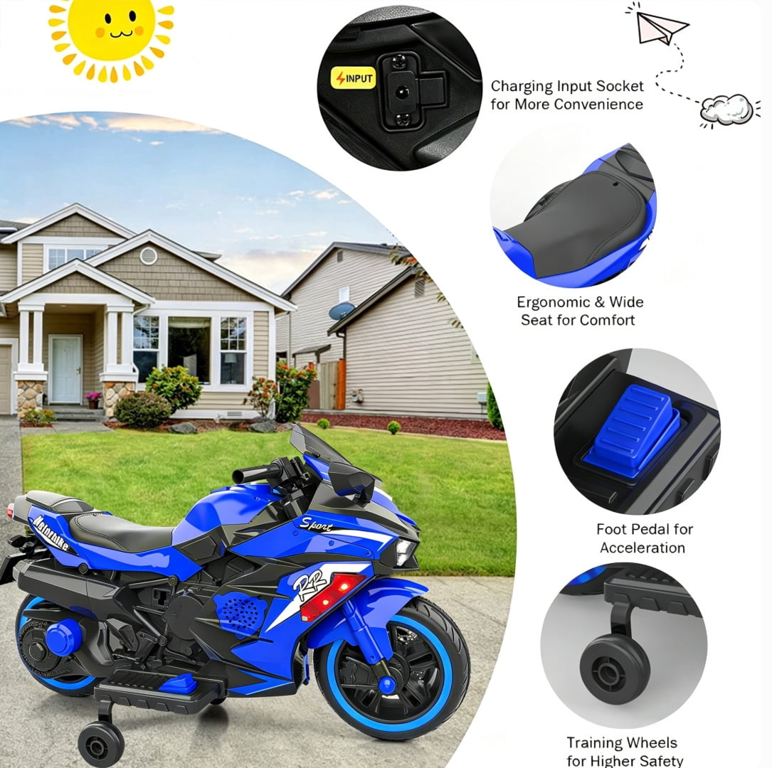 Zogymoz 12V Ride on Motorcycle for Kids, Ride on Toys for Gifts, Electric Motorbike with LED Tire and Bluetooth Music