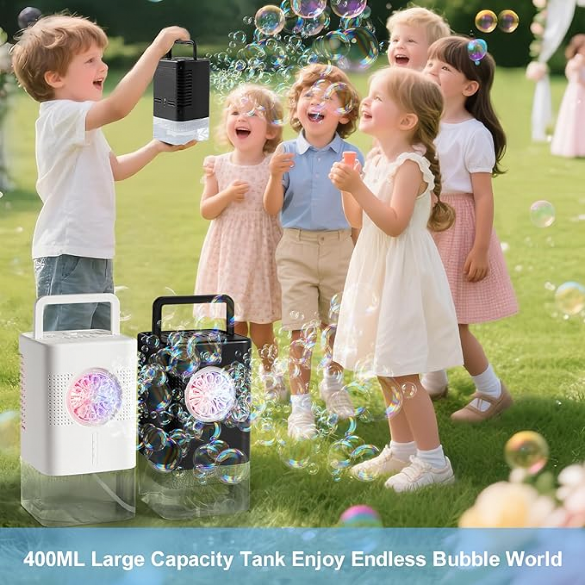 Automatic Bubbles Machine for Kids, 400ML Portable Bubble Maker Blowers with Lights for Christmas Birthday Gifts & Outdoor Backyard Parties(White)