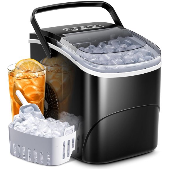 Moifoi Ice Makers with Handle,26.5Lbs/24H,9 Cubes in 6 Mins,2 Sizes of Bullet Ice,Portable Ice Machine with Self-Cleaning，Black