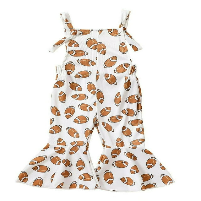 Toddler Baby Girl Football Season Spaghetti Strap Jumpsuit Rugby Bell Bottom Romper Overalls Flared Pants Outfit