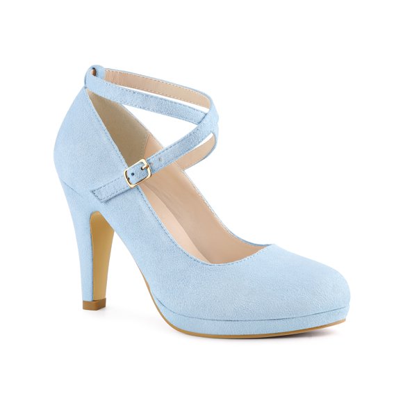 BLISSFUL STEP Edition Women's Shoes Platform Round Toe Cross Strap Buckle Closure Stiletto Heel Mary Jane Pumps Light Blue 6.5